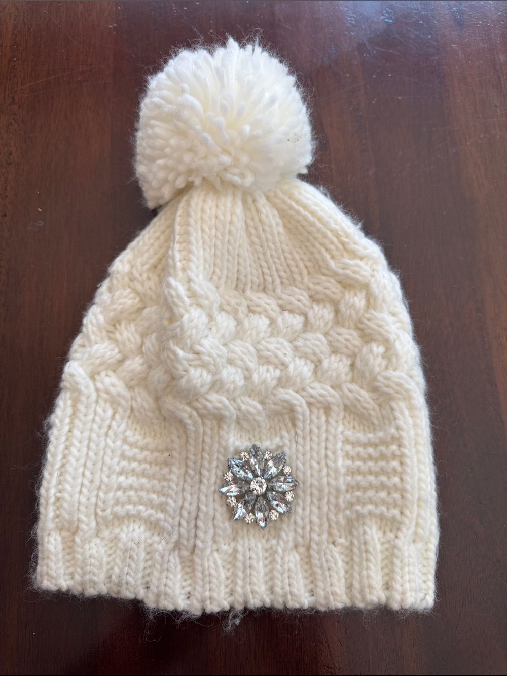 Cream Knit Pom Beanie with Sparkle Rhinestone  Brooch